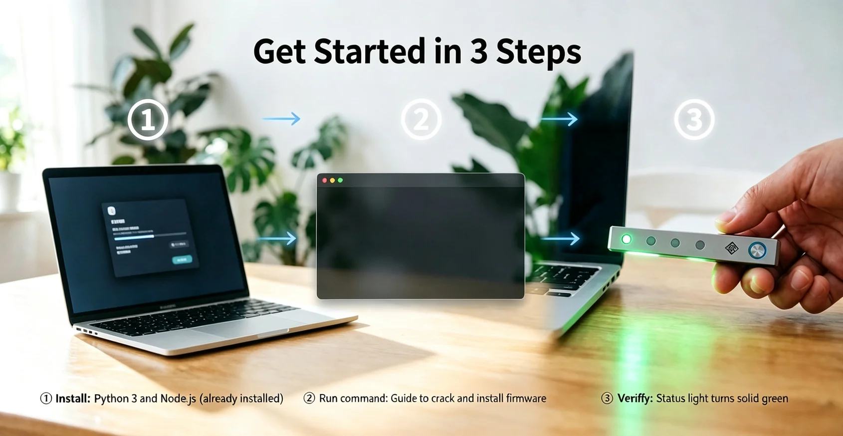 Three steps: plug it in, install once, watch the light