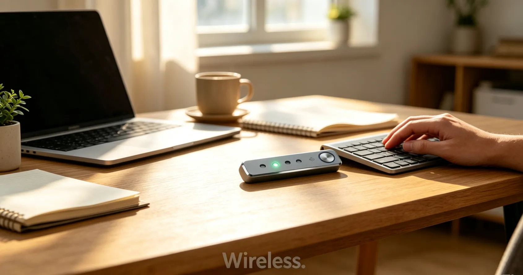 The light on a sunny desk, no cable in sight